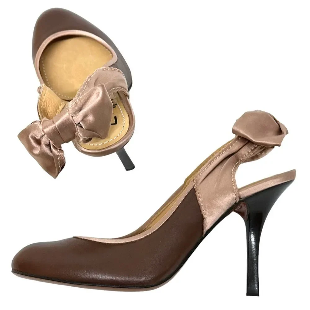 LANVIN Brown Leather & Pink Silk Slingback Bow Pumps Heels 37 6.5 7 Italy